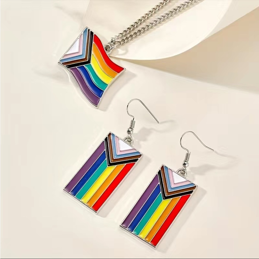 NEW! Rainbow Color Flag Shape Earrings & Necklace Set Pride Day